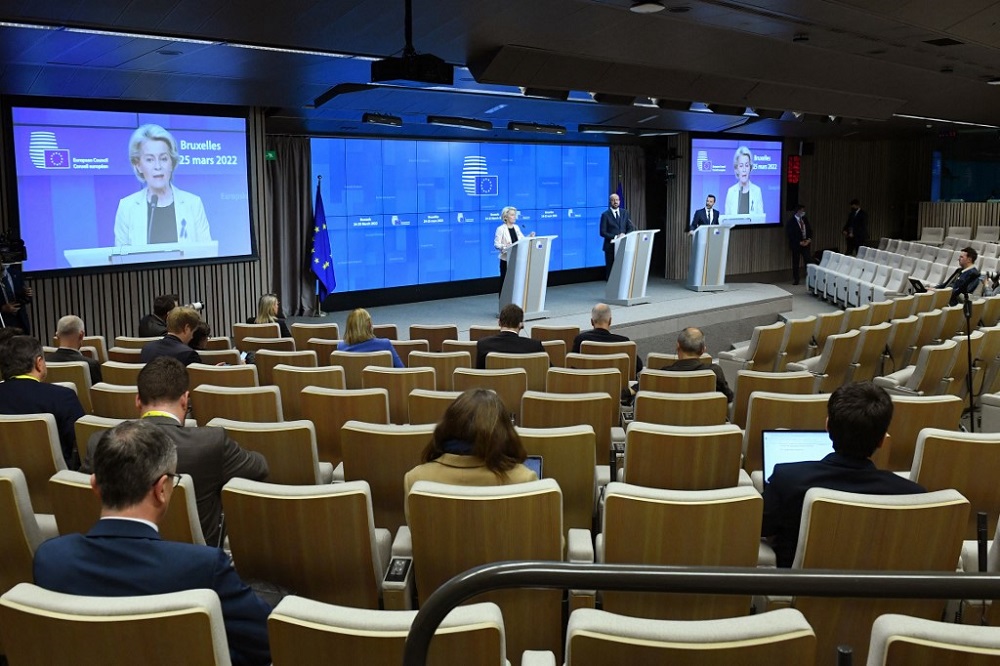 European Commission President Ursula von der Leyen (left) talks to the press next to European Council President Charles Michel (centre), on the second day of a European Union summit at the EU Headquarters, in Brussels March 25, 2022. u00e2u20acu201d AFP pic
