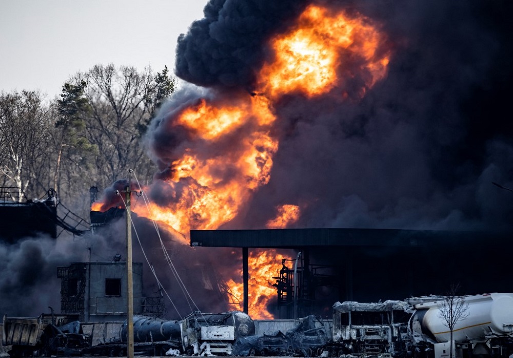 A fuel storage facility burns after Russian attacks in the city of Kalynivka, Ukraine March 25, 2022. u00e2u20acu201d AFP pic