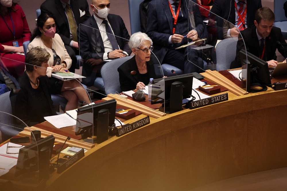 US Deputy Secretary of State Wendy Sherman speaks to the United Nations Security Council about the situation in Ukraine, in New York March 29, 2022. u00e2u20acu201d Picture by Spencer Platt/Getty Images via AFP