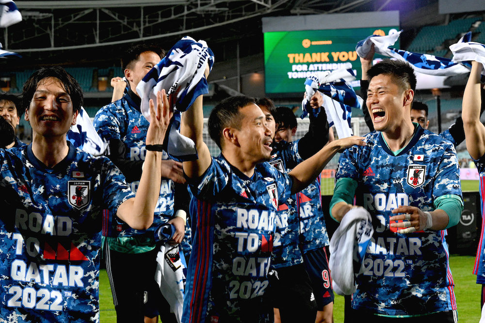 Japan's players celebrate their victory in the Qatar World Cup 2022 Asian zone Group B qualification football match between Australia and Japan at Stadium Australia in Sydney March 24, 2022. u00e2u20acu201d AFP pic