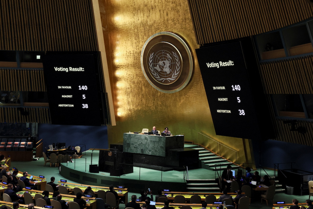 The screen displays the results of a vote during a special session of the UN General Assembly on Russia's invasion of Ukraine, at the United Nations headquarters in New York City March 24, 2022. u00e2u20acu201d Reuters pic