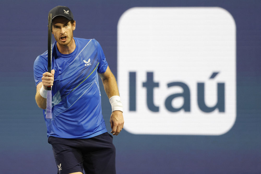 Andy Murray reacts after winning a game against Federico Delbonis in a first round men's singles match in the Miami Open, March 24, 2022. u00e2u20acu201d Geoff Burke-USA TODAY Sports