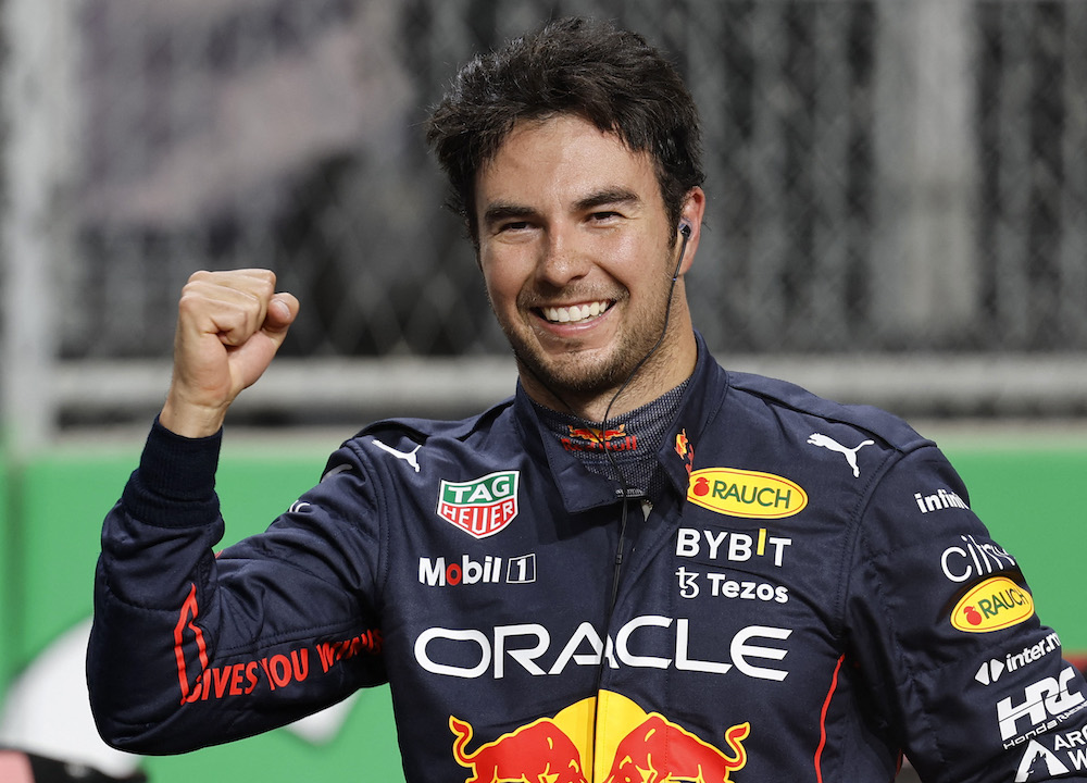 Red Bull's Sergio Perez celebrates finishing in pole position after qualifying in Jeddah March 26, 2022. u00e2u20acu201d Reuters pic 