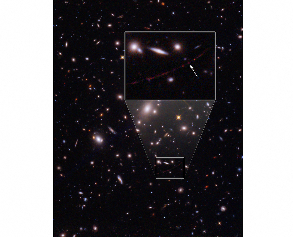 This image obtained from the European Space Agency on March 30, 2022, shows the star nicknamed Earendel (arrow) captured by the Nasa/ESA Hubble Space Telescope. u00e2u20acu201d AFP pic/Nasa, ESA, B. Welch (JHU), D. Coe (STSCI), A. Pagan (STSCI)