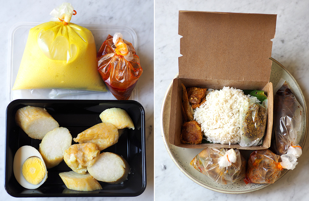 What makes the 'lontong' nice is their own made compressed rice that is soft but not mushy (left). The 'nasi ambeng' special is packed separately just in case you want to mix and match which items with the rice (right).