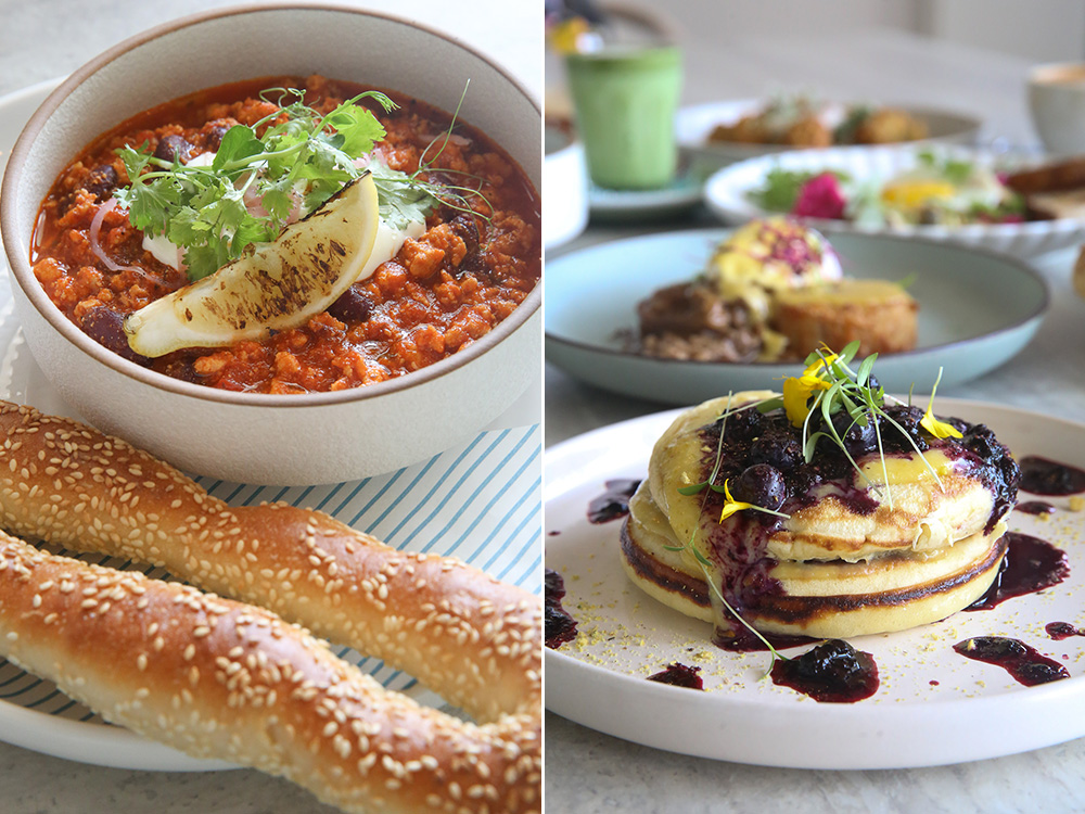 For something unusual, try this Jerusalem bagel with a comforting chicken chilli con carne lightened up with yoghurt and grilled lemon (left). Don't miss out on fluffy hotcakes with creamy, slightly tangy orange curd, berries compote, crushed pistachios and drizzled with maple syrup (right).