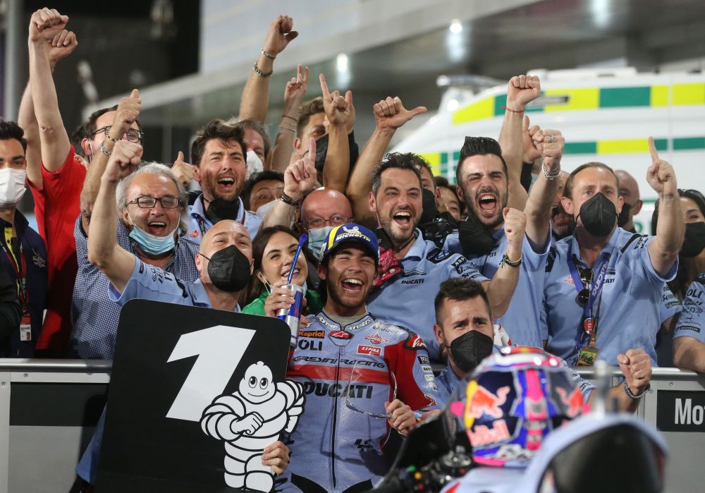 Gresini Racing MotoGP's Enea Bastianini celebrates with his team after winning the Qatar Grand Prix at the Losail International Circuit, Lusail, Qatar March 6, 2022. u00e2u20acu201d Reuters pic