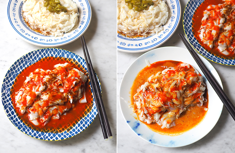 For a spicier touch to your chee cheong fun, order the combination of sweet sauce and fiery red coloured chilli sauce (left). You can also add a creamy element to your chee cheong fun with a dash of curry to the sweet and chilli sauce combination.