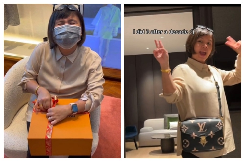 TikTok user @minxchen mother unwrapping her gift and surprised to see her favourite Louis Vuitton handbag. u00e2u20acu2022 Screengrab via TikTok/@minxchen
