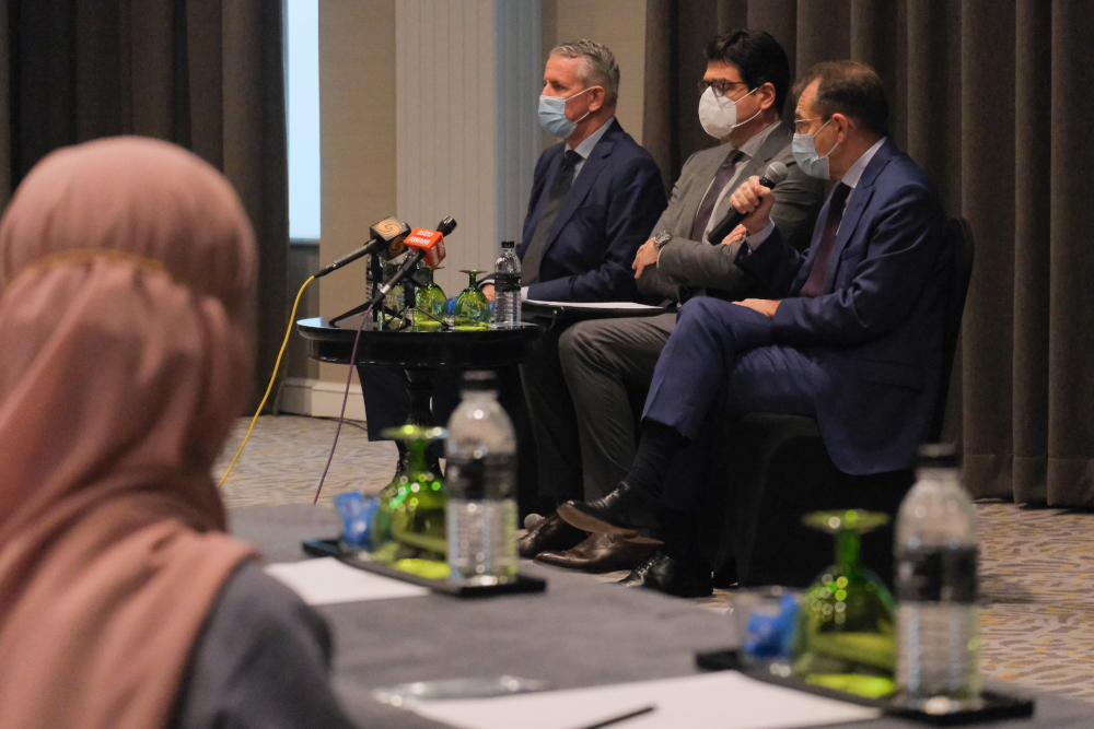 (From left) German ambassador to Malaysia Peter Blomeyer, EUu00e2u20acu2122s ambassador to Malaysia Michalis Rokas and French ambassador to Malaysia Roland Galharague at a press conference in Kuala Lumpur, March 1, 2022. u00e2u20acu201d Picture courtesy of EU Malaysia