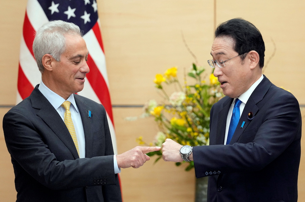 File photo of new US Ambassador to Japan Rahm Emanuel pointing to the watch of Japanu00e2u20acu2122s Prime Minister Fumio Kishida at the start of their meeting at the Prime Ministeru00e2u20acu2122s official residence in Tokyo, Japan, February 4, 2022. u00e2u20acu201d Reuters