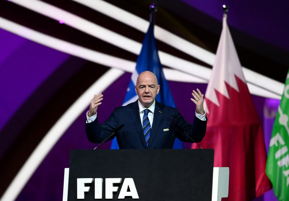 Fifa President Gianni Infantino speaks during the 72nd Fifa Congress in the Qatari capital Doha, March 31, 2022. u00e2u20acu201d AFP picn