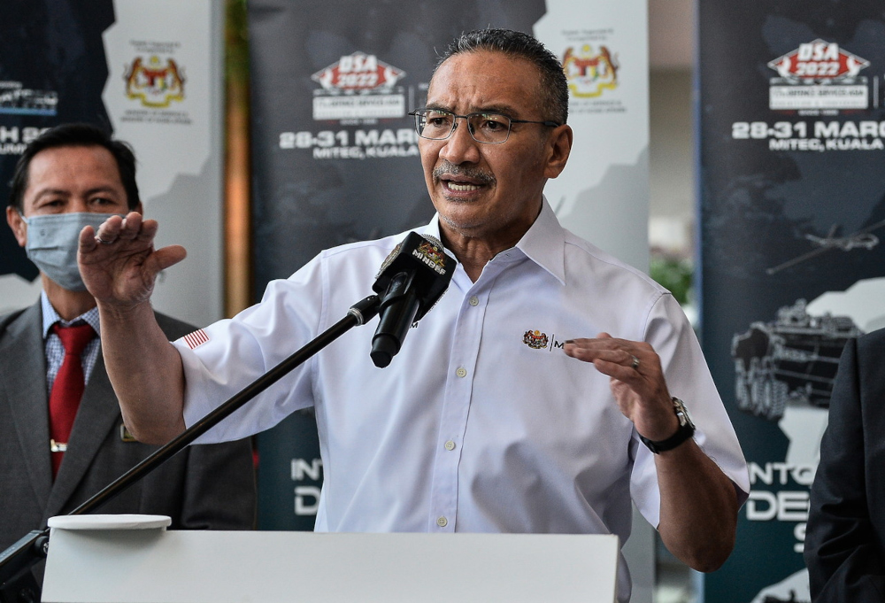 Senior Defence Minister Datuk Seri Hishammuddin Hussein speaks at a press conference at the the Defence Services Asia (DSA) exhibition and National Security Conference Asia (Natsec) 2022 in Kuala Lumpur, March 31, 2022. u00e2u20acu201d Bernama pic 
