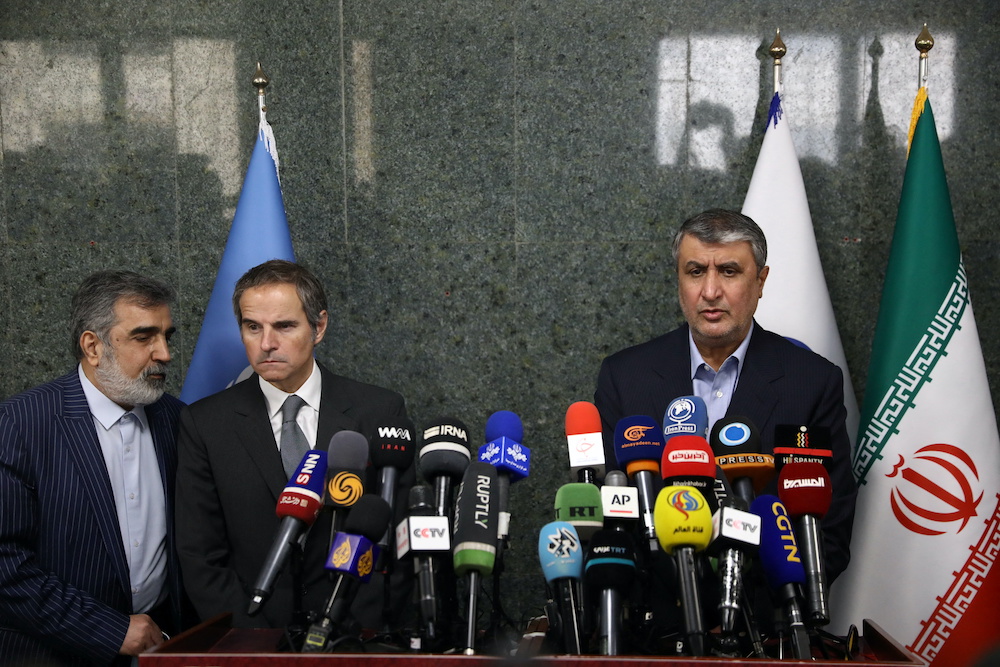 Head of Iranu00e2u20acu2122s Atomic Energy Organization Mohammad Eslami and International Atomic Energy Agency (IAEA) Director General Rafael Mariano Grossi attend a news conference, in Tehran, Iran, March 5, 2022. u00e2u20acu2022 Reuters picnnn