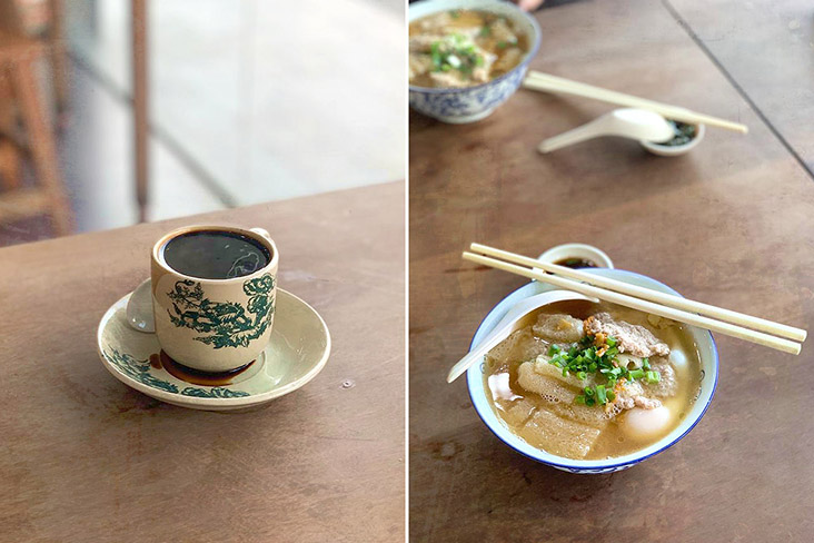 Enjoying some local 'kopi O' with pork noodles to complete our breakfast.