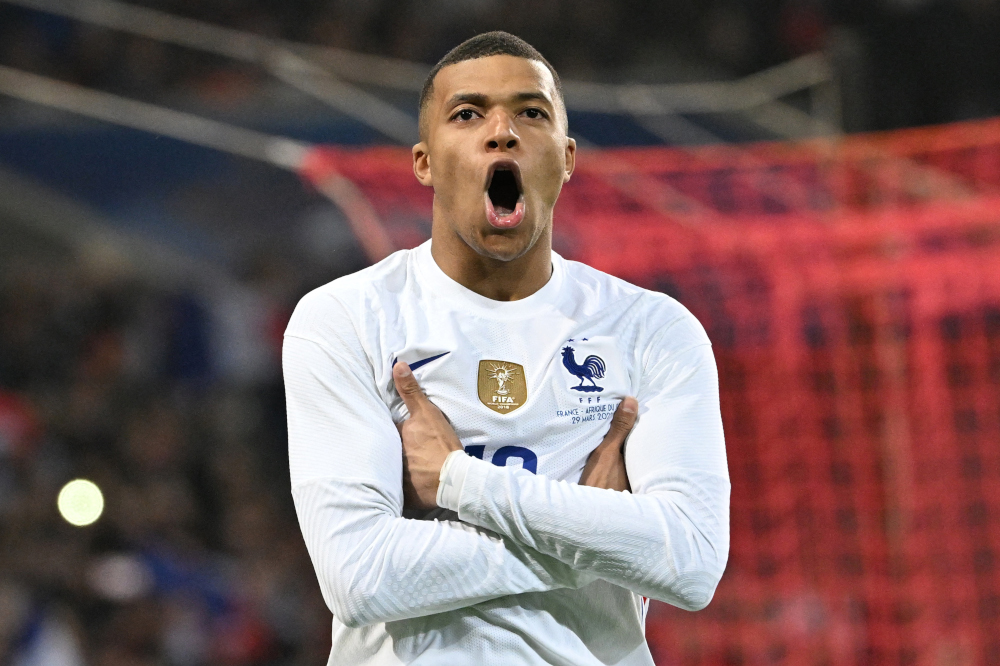 Kylian Mbappe celebrates after scoring a goal from the penalty-kick during the friendly match between France and South Africa at Pierre-Mauroy stadium in Villeneuve-du00e2u20acu2122Ascq, near Lille, northern France, March 29, 2022. u00e2u20acu201d AFP picnn