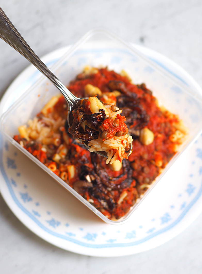 If you want a vegetarian option that fills you up, get this carbohydrate laden Egyptian dish with tomatoes, lentils, pasta and rice.