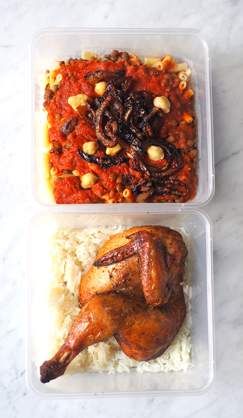 Smoked half chicken with rice and the Koshary with layers of rice, pasta and tomato sauce with lentils.