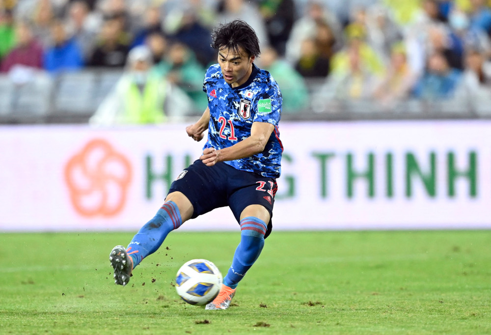 Japanu00e2u20acu2122s Kaoru Mitoma scores their second goal during the World Cup Asian Qualifiers against Australia at Stadium Australia, Sydney, March 24, 2022. u00e2u20acu201d Reuters pic 