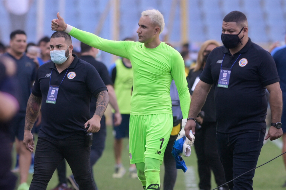 Costa Ricau00e2u20acu2122s goalkeeper Keylor Navas celebrates defeating El Salvador at the end of their Fifa World Cup Qatar 2022 Concacaf qualifier football match at Cuscatlan Stadium in San Salvador, March 27, 2022. u00e2u20acu201d AFP pic