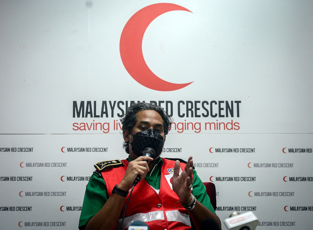 Health Minister Khairy Jamaluddin speaks to the media after a working visit to Malaysian Red Crescent Societyu00e2u20acu2122s national headquarters in Kuala Lumpur, March 25, 2022. u00e2u20acu201d Bernama pic 