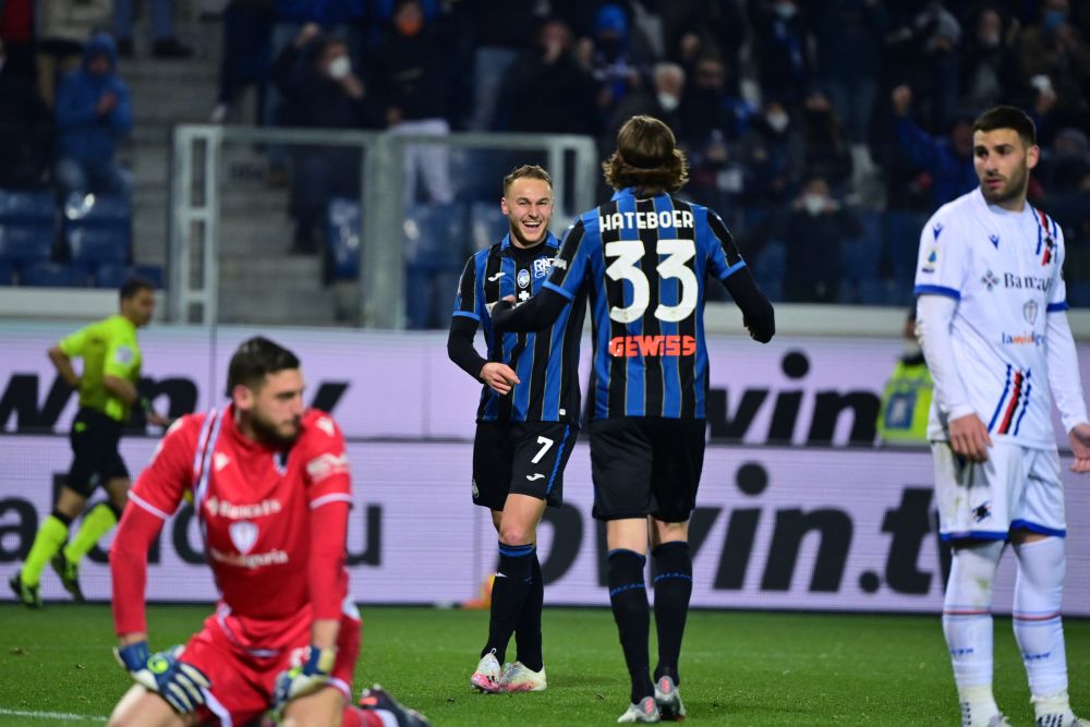 Atalanta's Dutch defender Teun Koopmeiners celebrates with teammate Hans Hateboer after scoring his team's third goal against Sampdoria at the Azzuri d'Italia Stadium in Bergamo February 28, 2022. u00e2u20acu2022 AFP pic