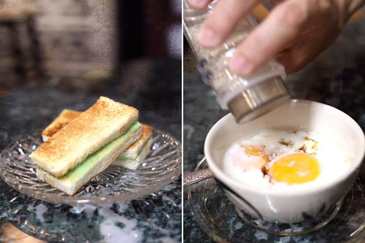 Must-have 'kopitiam' staples: butter 'kaya' toast and half boiled eggs with a dash of ground white pepper.