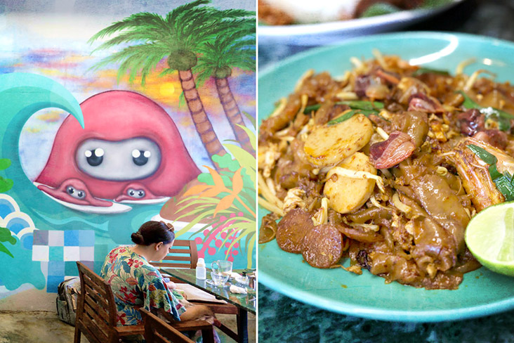 Colourful murals (left). Singaporean style 'char kway teow', which is sweeter.