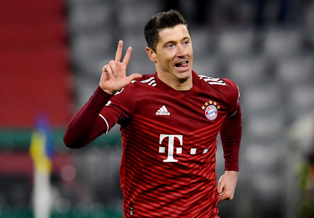 Bayern Munich's Robert Lewandowski celebrates after scoring the third goal to complete his hat-trick, March 9, 2022. u00e2u20acu2022 Reuters pic