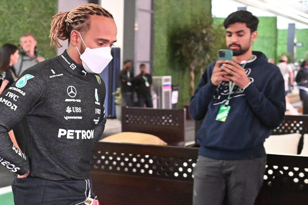 Mercedes driver Lewis Hamilton leaves following a meeting with other Formula One drivers and principals before the second practice session ahead of the 2022 Saudi Arabia Formula One Grand Prix at the Jeddah Corniche Circuit, March 25, 2022. u00e2u20acu201d AFP picnn