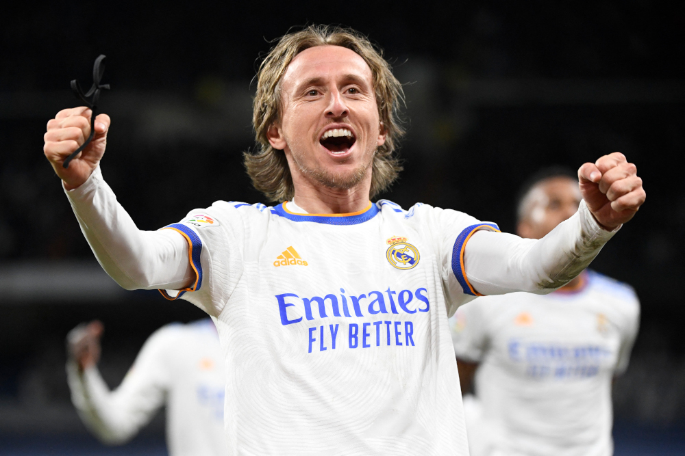 Real Madrid midfielder Luka Modric celebrates after scoring a goal during the Spanish league football match against Real Sociedad at the Santiago Bernabeu stadium in Madrid, March 5, 2022. u00e2u20acu201d AFP pic 