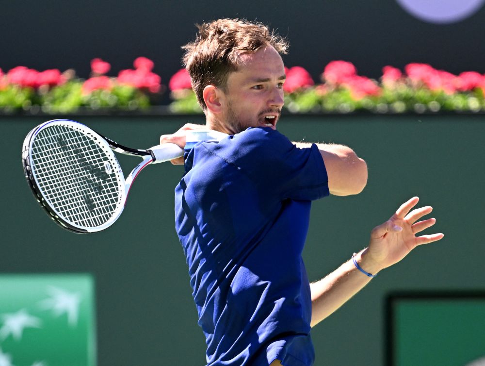 Daniil Medvedev hits a shot in his second round match against Tomas Machac at the BNP Paribas open at the Indian Wells Tennis Garde  March 13, 2022. u00e2u20acu201d Reuters picnn
