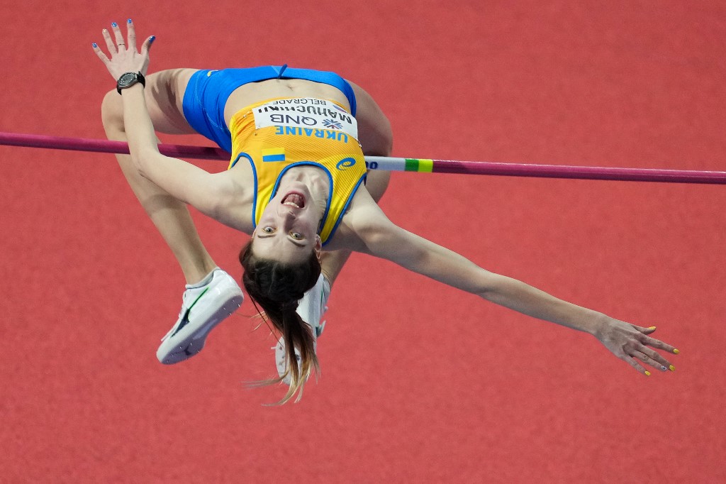 Ukraineu00e2u20acu2122s Yaroslava Mahuchikh competes in the womenu00e2u20acu2122s high jump final during The World Athletics Indoor Championships 2022 at the Stark Arena, in Belgrade, on March 19, 2022. u00e2u20acu201d AFP pic