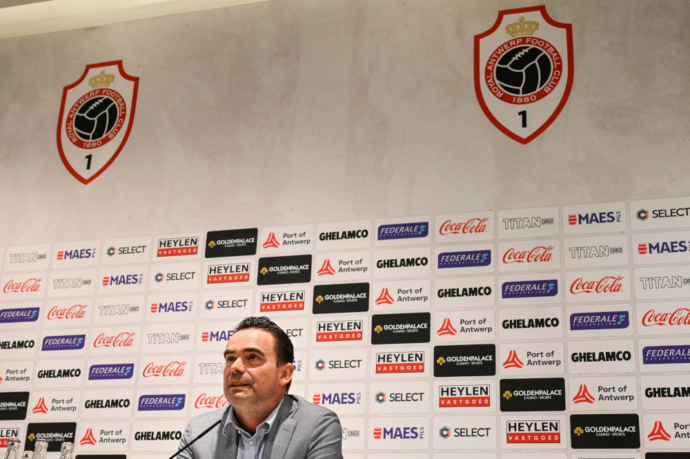 Antwerpu00e2u20acu2122s new director of football Marc Overmars, speaks during a press conference for the Belgian soccer club Royal Antwerp FC, in Antwerp, March 21, 2022. u00e2u20acu2022 Tom Goyvaerts/Belga handout pic via AFP