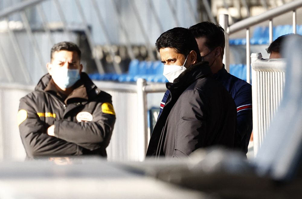 Paris St Germain president Nasser Al-Khelaifi in the stands before training at Santiago Bernabeu, Madrid March 8, 2022. u00e2u20acu201d Reuters pic