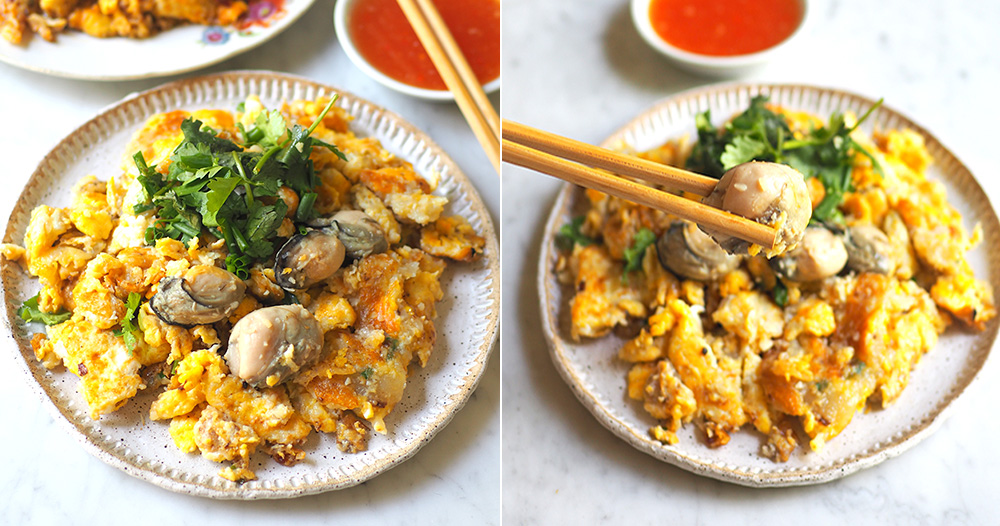 The non-spicy version has chopped garlic to give the omelette flavour (left). The highlights are the creamy fresh oysters that aren't overcooked (right).