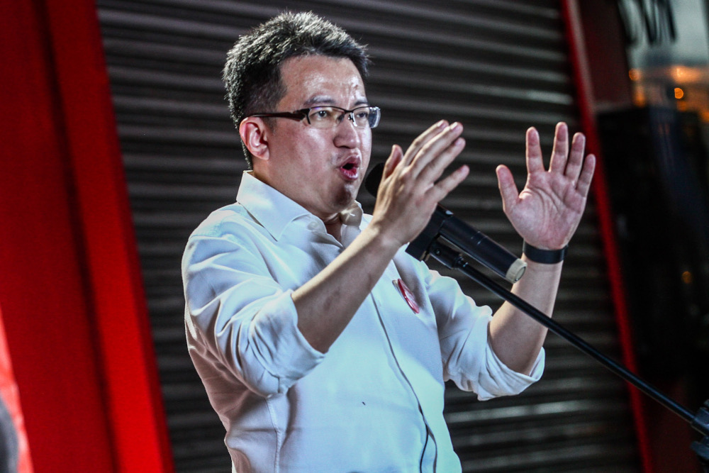 Johor DAP chairman Liew Chin Tong speaks at the Ceramah Mega, main operations room for DUN N49 Kota Iskandar, Skudai March 1, 2022. ― Picture by Hari Anggara