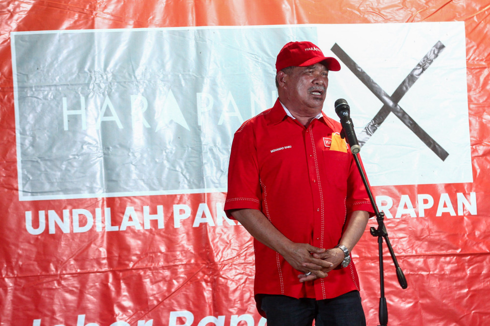 Parti Amanah Negara president Mohamad Sabu speaks at the Ceramah Mega, main operations room for DUN N49 Kota Iskandar, Skudai March 1, 2022. u00e2u20acu2022 Picture by Hari Anggara