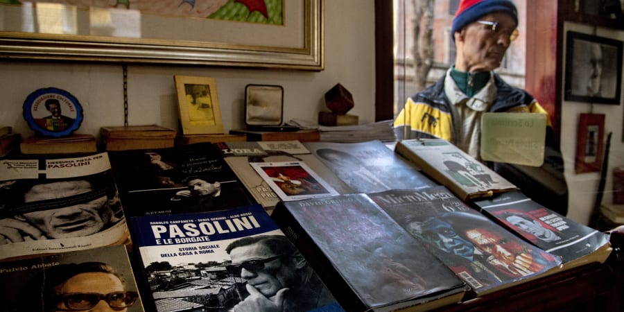 Silvio Parrello, dubbed u00e2u20acu02dcEr Pecettou00e2u20acu2122, with magazines with front pages depicting Pier Paolo Pasolini, at his artist's workshop in Monteverde district in Rome. u00e2u20acu2022 ETX Studio pic