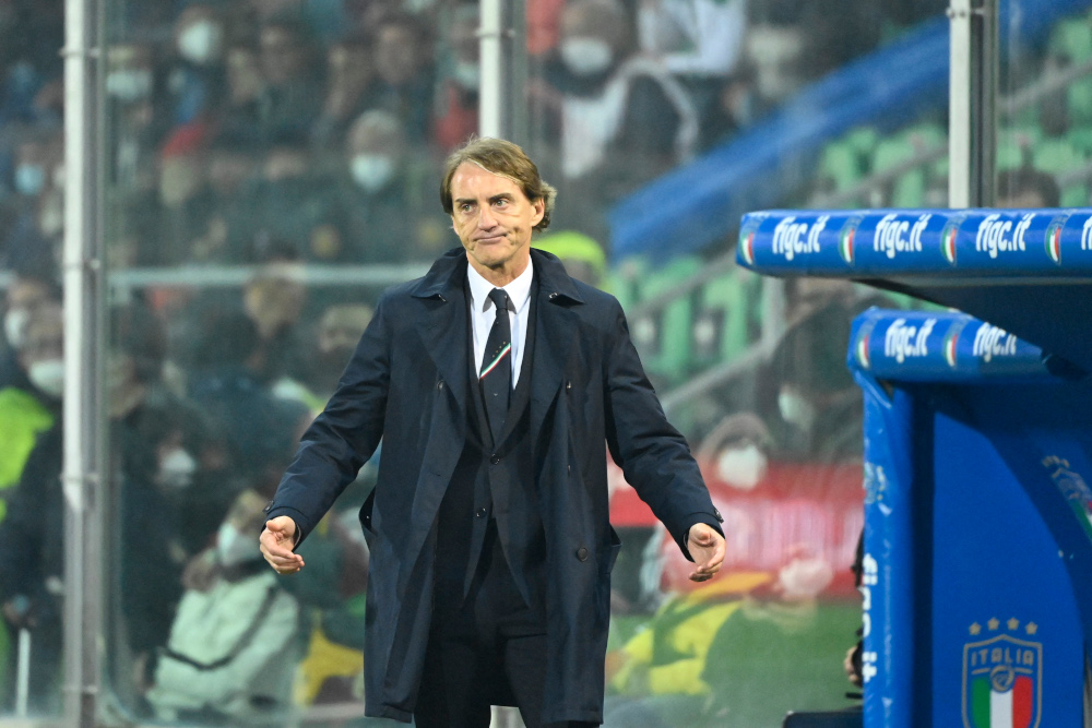 Italyu00e2u20acu2122s coach Roberto Mancini reacts during the 2022 World Cup qualifying play-off match between Italy and North Macedonia, March 24, 2022 at the Renzo-Barbera stadium in Palermo. u00e2u20acu201d AFP pic 
