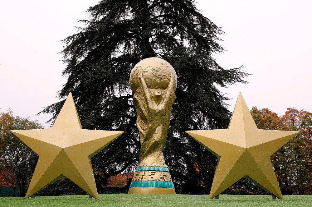 A general view of a replica World Cup trophy in Clairefontaine, France November 12, 2018. u00e2u20acu2022 Reuters file pic