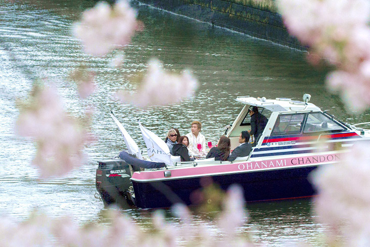 Champagne picnic on a boat ride along Meguro River.