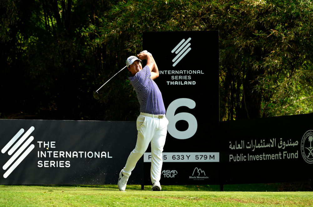 Sihwan Kim of the US hitting a shot during day one of the International Series Thailand golf tournament at the Black Mountain Golf Club in Hua Hin, March 3, 2022. u00e2u20acu2022 Paul Lakatos/Asian Tour handout pic via AFP 