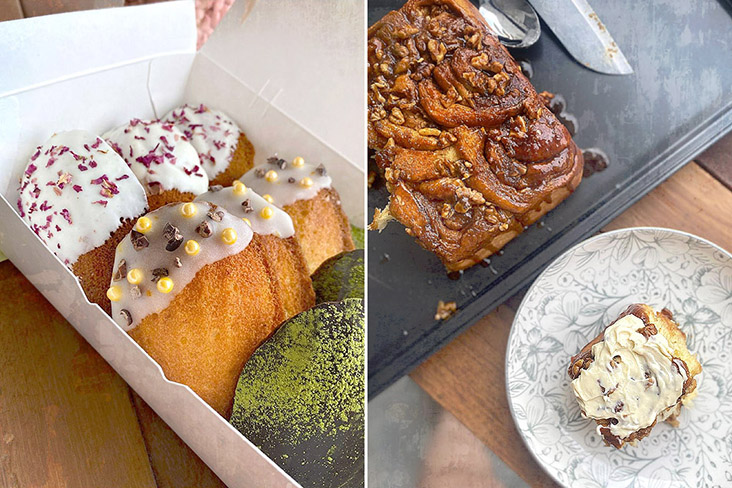 Sisu Pantry’s signature madeleines (left) and gooey Coffee Cinnamon Rolls (right).