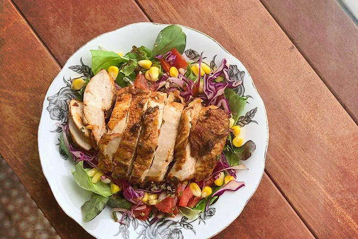 Warm Mexican Chicken Salad with citrus lemon thyme honey dressing.
