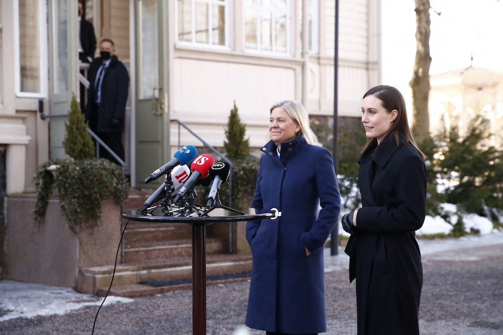 Finland's Prime Minister Sanna Marin and her Swedish counterpart Magdalena Andersson speak to the media outside the Prime Minister's official residence, Kesaranta in Helsinki, Finland March 5, 2022