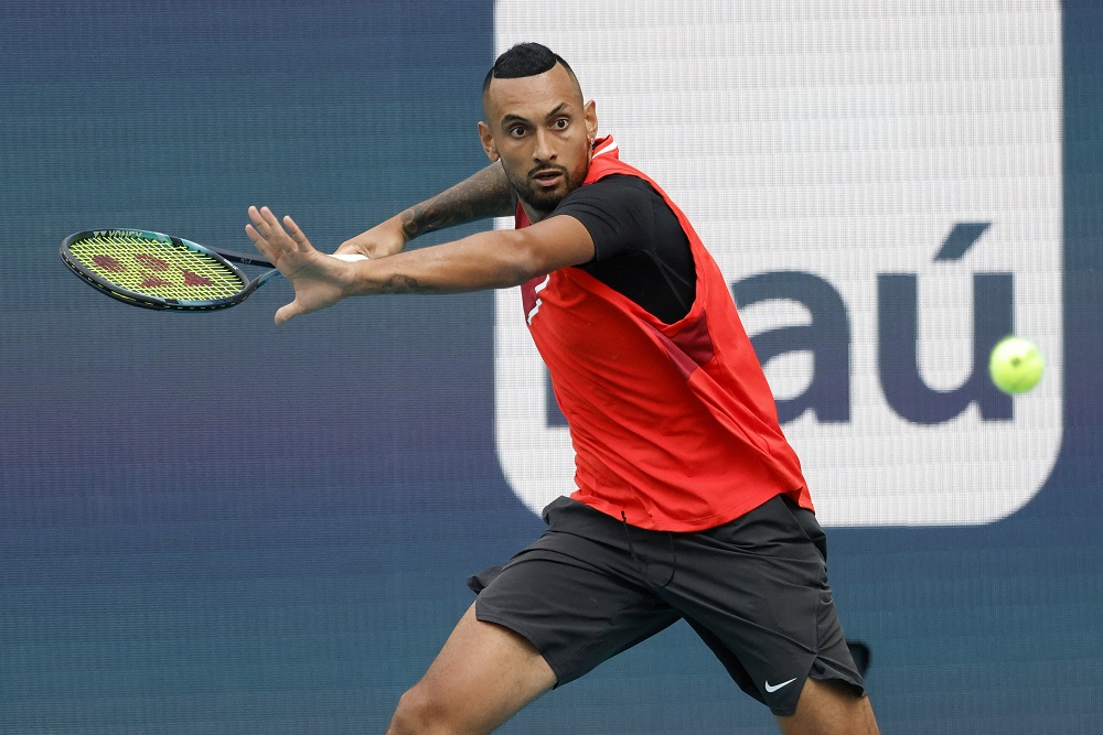 Australiau00e2u20acu2122s Nick Krygios hits a forehand against Andrey Rublev in a second round men's match in the Miami Open at Hard Rock Stadium, March 25, 2022. u00e2u20acu2022 Geoff Burke-USA TODAY Sports via Reuters