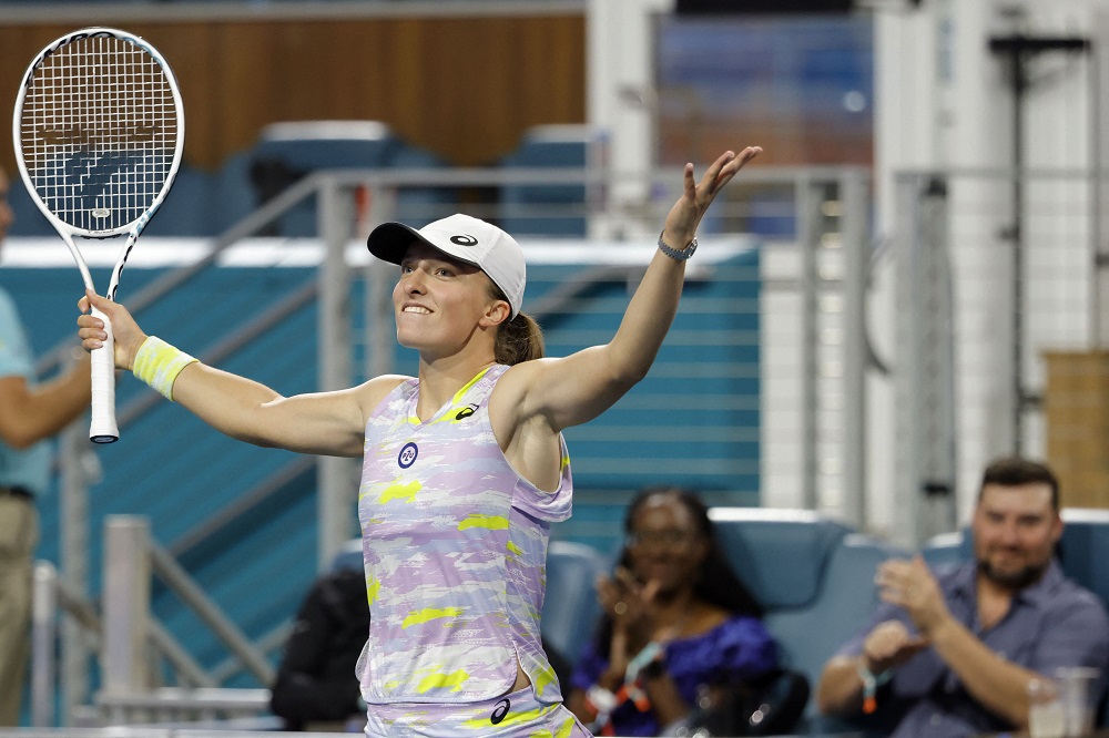 Polandu00e2u20acu2122s Iga Swiatek celebrates after her match against Victorija Golubic in a second round women's singles match in the Miami Open at Hard Rock Stadium, March 25, 2022. u00e2u20acu2022 Geoff Burke-USA TODAY Sports via Reuters