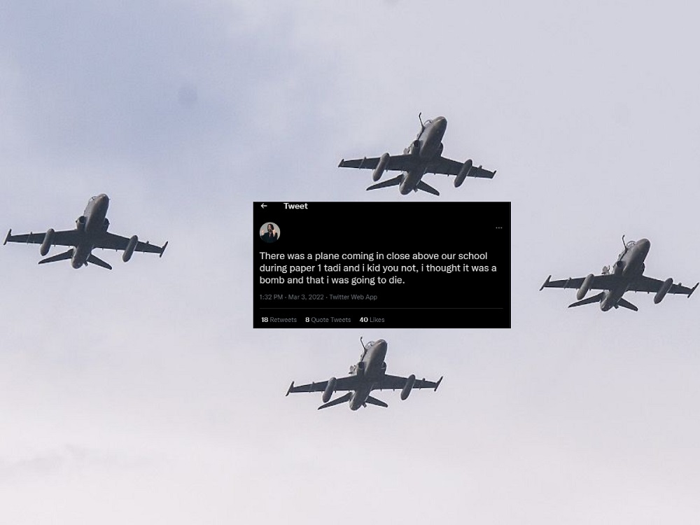 Sijil Pelajaran Malaysia (SPM) candidates speak up on Twitter regarding the Malaysian Royal Air Force's (RMAF) training exercises yesterday. u00e2u20acu2022 Picture by Miera Zulyana and Screenshot from Twitter/ fuuyoh. 