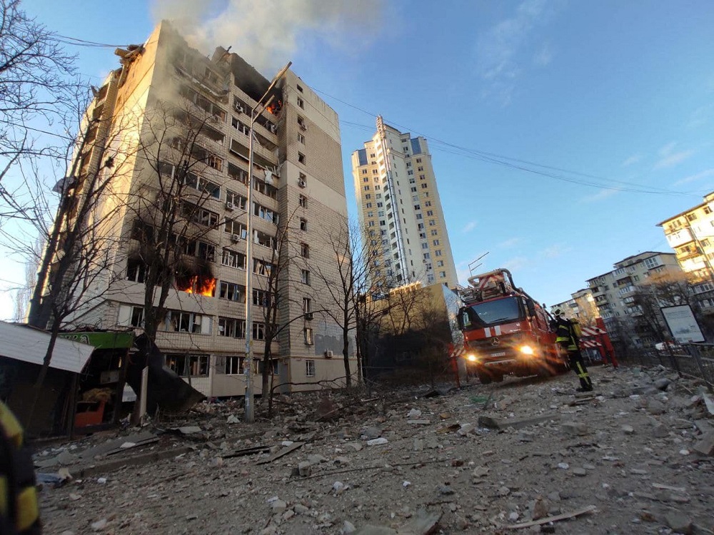A view shows a residential building damaged by shelling, as Russia's attack on Ukraine continues, in Kyiv, Ukraine, in this handout picture released March 16, 2022. u00e2u20acu2022 Press service of the State Emergency Service of Ukraine/Handout via Reuters